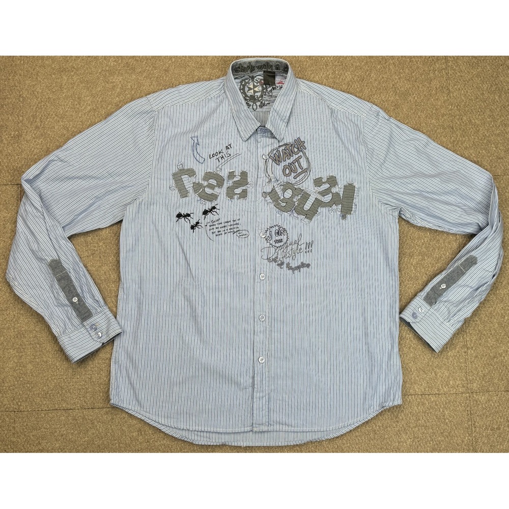 Desigual Men's Watch Out Look At This‎ Embroidered Long Sleeve Shirt Size XL
